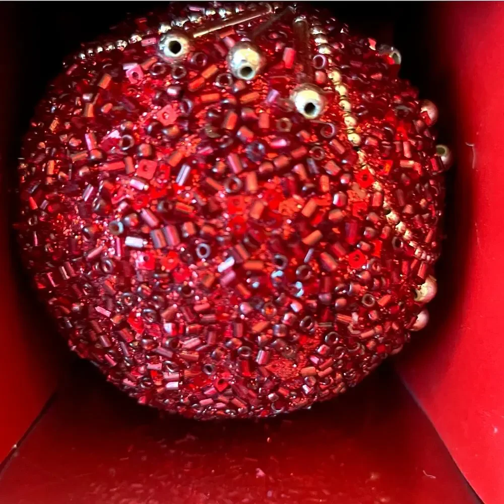 Bella Lux Red Gold Beaded Christmas Ornaments 2.5in Set of 6 Holiday Glam NEW